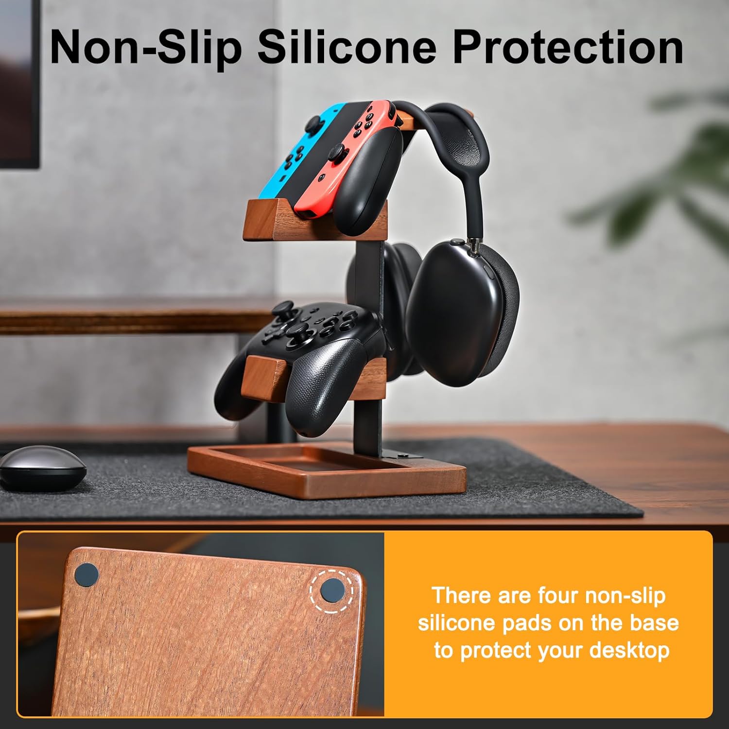 Solid Wood Controller Holder and Headphone Stand, Gaming Controller Stand for Desk, Dual Controller Organizer Rack, Fits Xbox, PS4, PS5, Gamepad, Headset Holder for Son, Husband, Boyfriend