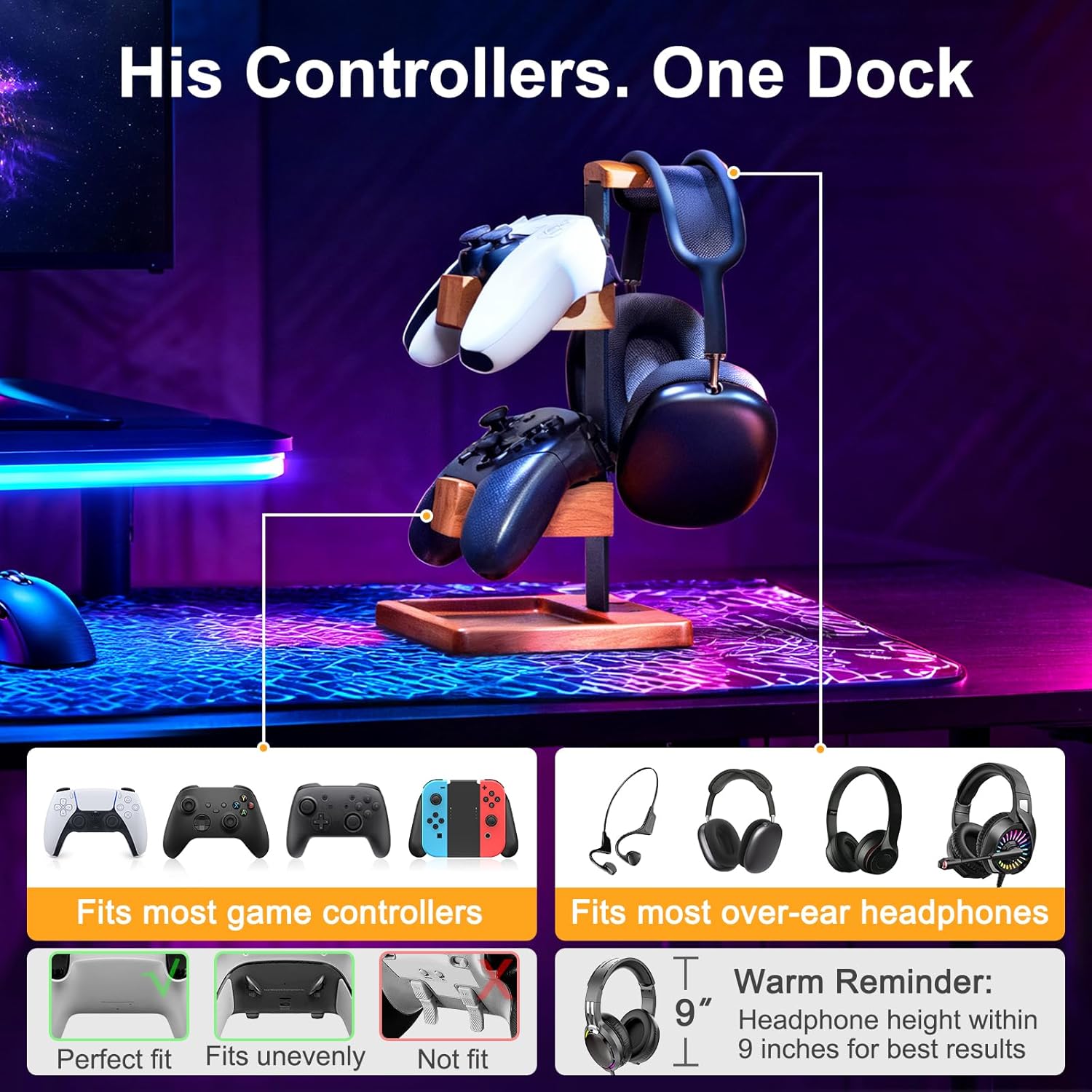 Solid Wood Controller Holder and Headphone Stand, Gaming Controller Stand for Desk, Dual Controller Organizer Rack, Fits Xbox, PS4, PS5, Gamepad, Headset Holder for Son, Husband, Boyfriend