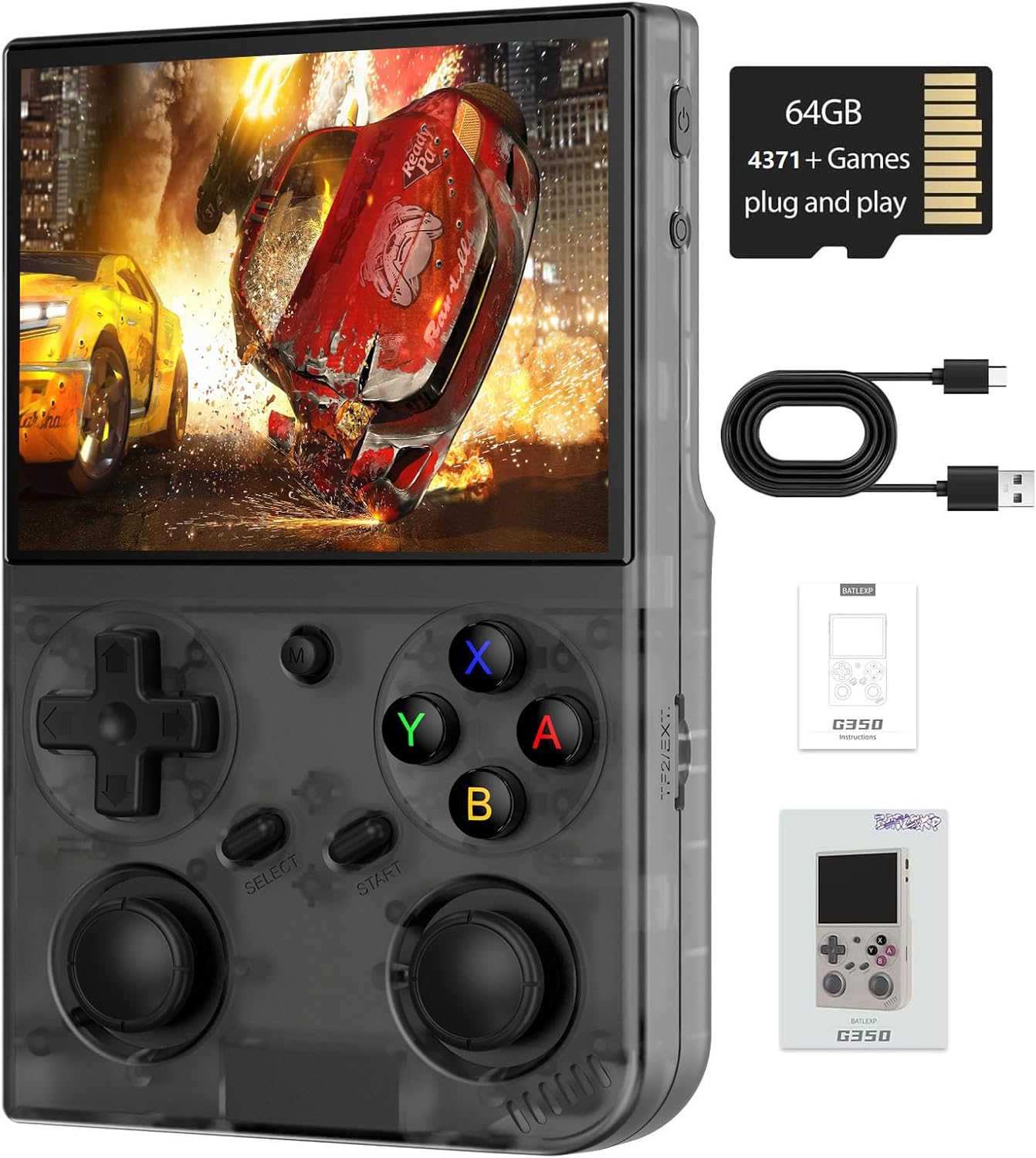G350 Retro Handheld Game Console , 3.5 Inch IPS Screen Linux System Built-in 64G TF Card 4371 Games Preloaded Handheld Game Console 3200mAh Battery(Gray)